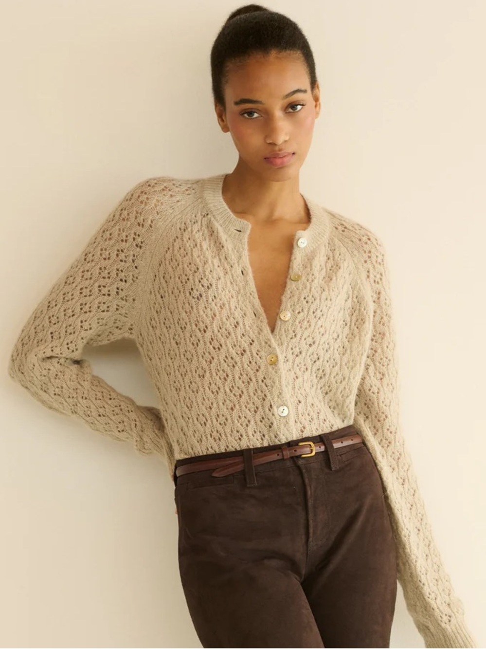 Doen PETRA POINTELLE CARDIGAN  XS Beige Lace Knit Button-Front Women's Sweater